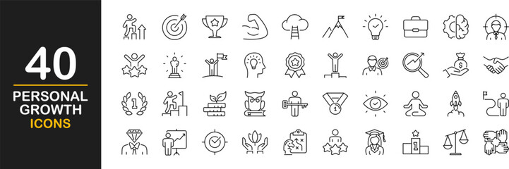 Personal growth web icons set. Growth and success - simple thin line icons collection. Containing career progress, growth profit coaching, business people, tutorship and more. Simple web icons set - obrazy, fototapety, plakaty
