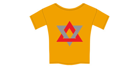 Stylish Casual Wear Half Sleeve Yellow T Shirt With Two Tone Triangles Logo Vector Illustration.