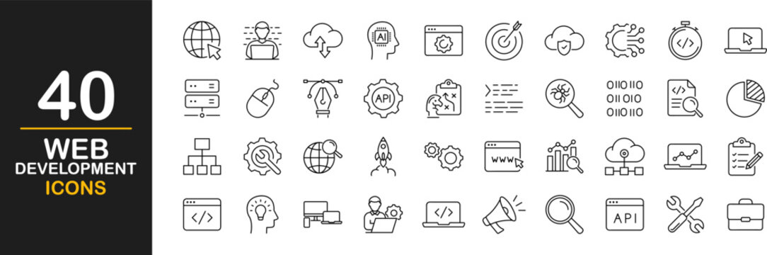 Web development icons set. Web Design and Development - simple thin line icons collection. Containing code, programmer, coding, bug fix and more. Simple web icons set