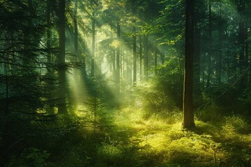 Fototapeta na wymiar Morning in the forest with sunbeams and rays of light. A forest scene with sunlight filtering through the trees, casting a hopeful glow.
