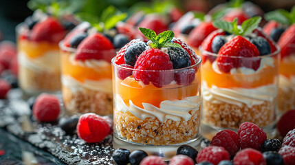 Pastries, mini canapé desserts, delicious desserts, unusual mini desserts for special occasions. Restaurant and homemade food. With berries and nuts. - obrazy, fototapety, plakaty