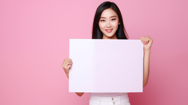 mulher asiática sorrindo de cabelo preto segurando uma placa em branco isolada no fundo rosa 