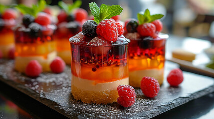 Pastries, mini canapé desserts, delicious desserts, unusual mini desserts for special occasions. Restaurant and homemade food. With berries and nuts.