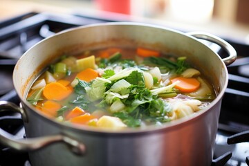 close-up of simmering vegetable soup in a stockpot