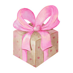 Watercolor illustration of gift box with a pink bow isolated on transparent background