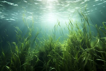 Fototapeta na wymiar Underwater seagrass sways rhythmically with ocean current. Generative AI