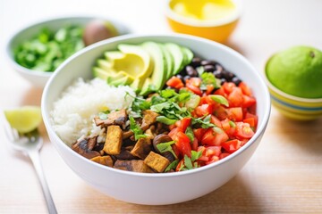 family-style veggie burrito bowl for sharing
