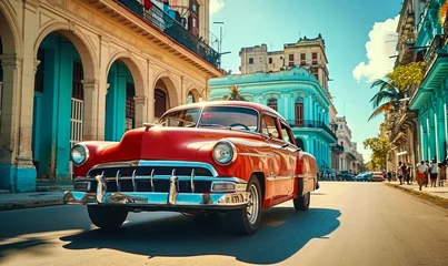 Crédence de cuisine en verre imprimé Havana Vintage red classic car cruising on a sunny street in Havana with historical architecture and tropical vibes, capturing the essence of old Cuba