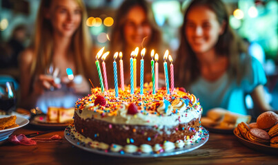 Joyful birthday celebration with a colorful cake adorned with lit candles, surrounded by a happy, blurry group of friends and family