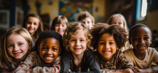 Fototapeta premium Diverse group of smiling children sitting at desk in classroom, reflecting inclusion and joy in a multicultural educational environment