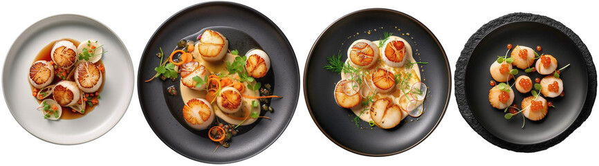 Top view of a plate filled with appetizer with scallops