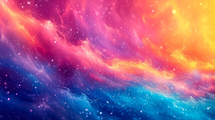 Abstract ethereal wave of colors with sparkling particles, a vibrant fantasy of pink, blue, and orange hues, resembling a dreamy nebula or a magical underwater scene