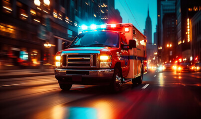 Speeding ambulance on urgent city mission, with lights flashing and siren blaring, rushes through downtown to save lives in a critical emergency situation - obrazy, fototapety, plakaty