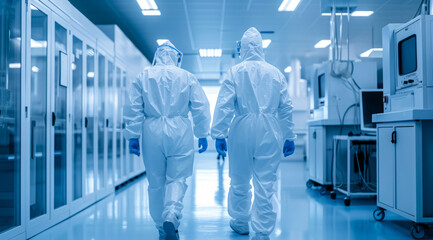 Scientist in research laboratory in protective hazmat suits. Pharmacology biology, and virus lab - obrazy, fototapety, plakaty