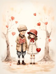 Cute boy and girl in love on romantic Valentine's day hand drawn cartoon, greeting card. Watercolor illustration