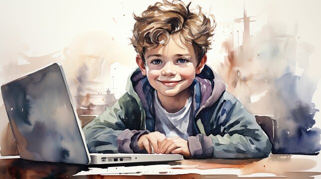 Boy learns online with laptop. Concept of modern children and gadgets, new generation alpha, online games. Watercolor.