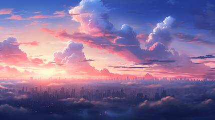 City of Dreams: Wide Format Illustration of Tokyo-like Sky at Late Dusk, a Heavenly Sunset Over the Urban Horizon