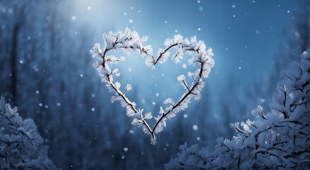 Heart shape made by branches and leaves, winter background.