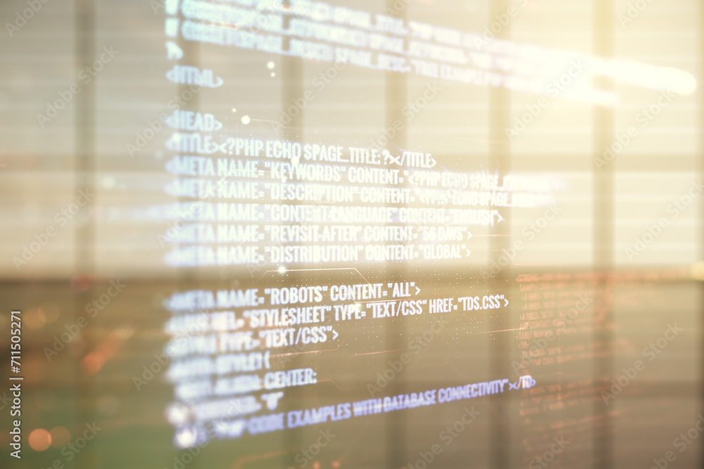 Poster double exposure of abstract creative programming illustration on empty room interior background, big