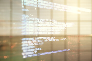 Double exposure of abstract creative programming illustration on empty room interior background, big data and blockchain concept