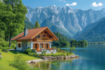 Fototapeta na wymiar Wooden houses with fantastic mountain view