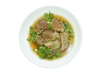 braised beef meat stew topping slice parsley and spring onion on plate dipping chili sauce 