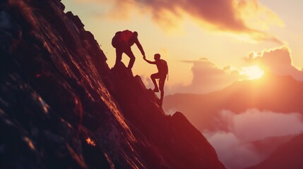 Friends showing the concept of teamwork, helping each other climb a steep mountain. Generative AI