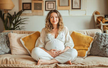 Calm young pregnant woman sitting on sofa and embracing her belly. Portrait of pregnant woman resting at her cozy home. Concept of motherhood and expecting baby.  - Powered by Adobe