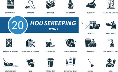 Housekeeping icons set. Creative icons: dishwasher, vacuum, sponge, detergent, dustpan, glass cleaning, laundry, hand soap and more - obrazy, fototapety, plakaty