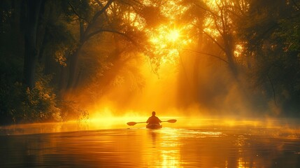 Solitary Kayaker on a Misty River at Sunrise