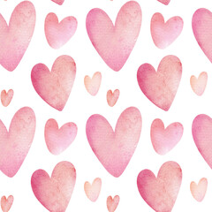 Watercolor seamless pattern with pink hearts