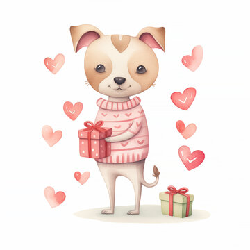 A watercolor painting of a dog holding a gift box surrounded by heart doodles, perfect for use in Valentine's Day decor, pet-themed greeting cards, and gift-related advertising. High quality photo