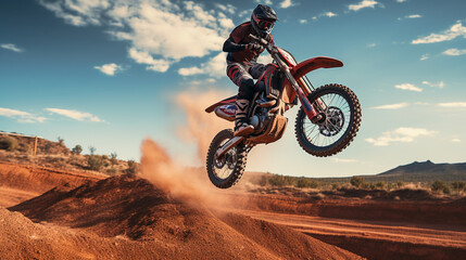 Obraz premium Canyon Flight: Capturing the Excitement of Mid-Air Motorcycle Stunts