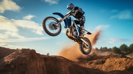 Fototapeta premium Dirt Trail Daredevil: Off-Road Moto Jump in Wide-Format Thrill