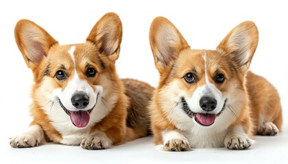 Naklejka na ściany i meble Feature a pair of charming Corgis in a delightful pose, showcasing the breed's distinctive appearance and playful nature against a white background, welsh corgi dog smiling on a white background.