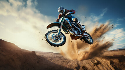Naklejka premium Dirt Trail Daredevil: Off-Road Moto Jump in Wide-Format Thrill