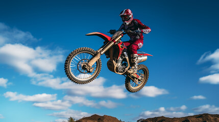 Obraz premium Airborne Adrenaline: Motorcycle Stunt Soaring Across Canyon Skies