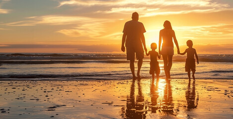 silhouette of family at the beach with sunset