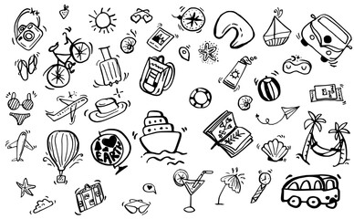 Bundle vector hand drawn travel doodle set. Summer vacations 