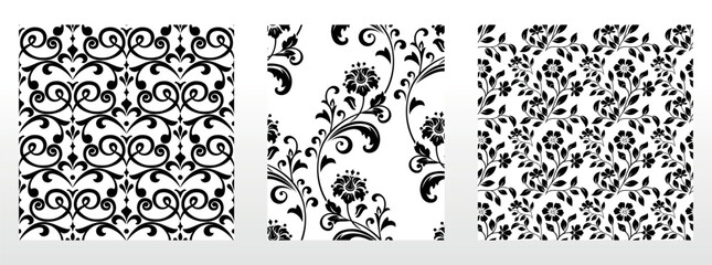 Geometric floral set of seamless patterns. White and black vector backgrounds. Damask graphic ornaments.