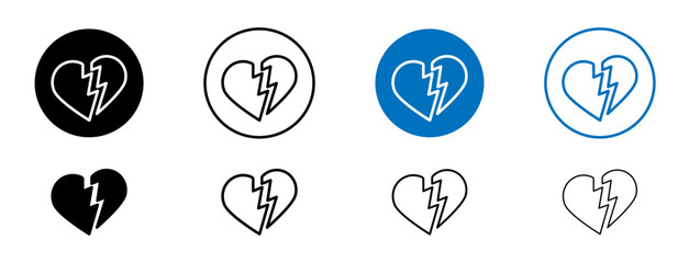Heartbreak Line Icon Set. Break up heartbroken symbol in black and blue color. - obrazy, fototapety, plakaty