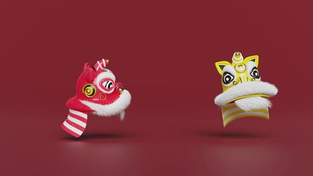 3d two lion dance head with chinese gold ingot, coin for festive chinese new year holiday. 3d render illustration, alpha channel