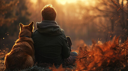 man sitting with a dog relationship of human and animal