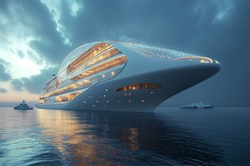 AI generated illustration of a massive cruise ship stands out amongst a fleet of boats - obrazy, fototapety, plakaty