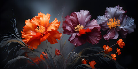 An oil painting of three colorful flowers on a black background, in the style of palette knife impressionism eye-catching