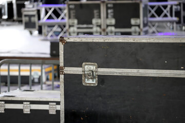 Closeup of metal trunk with copy space. Trunks for technical equipment. Technical setup of stage...