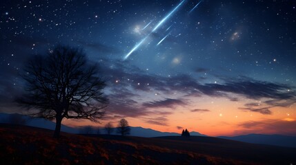 Fototapeta na wymiar A meteor streaks across the starry sky