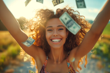 celebration of black woman's financial empowerment. woman with curly hair throwing money in the air at sunny day. - obrazy, fototapety, plakaty