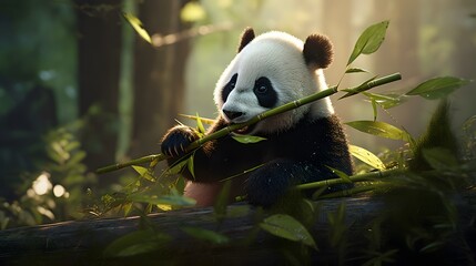 A panda chewing on bamboo - obrazy, fototapety, plakaty