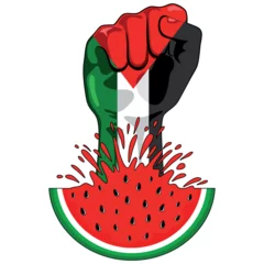 Wall murals Draw Palestine Flag on Revolution Fist Symbol of freedom coming out from a Watermelon Vector Illustration graphic art isolated on white